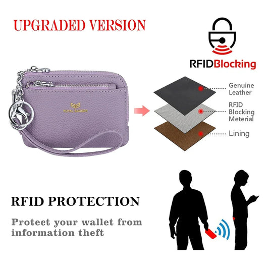 Royal Bagger RFID Coin Purse with Keychain, Genuine Leather Multi Zipper Clutch Wallet, Portable Wristlet Card Holder 1903-1